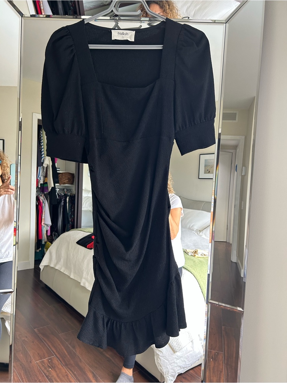 ba&sh Black Square-Neck Puff-Sleeve Midi Dress with Flounce Hem